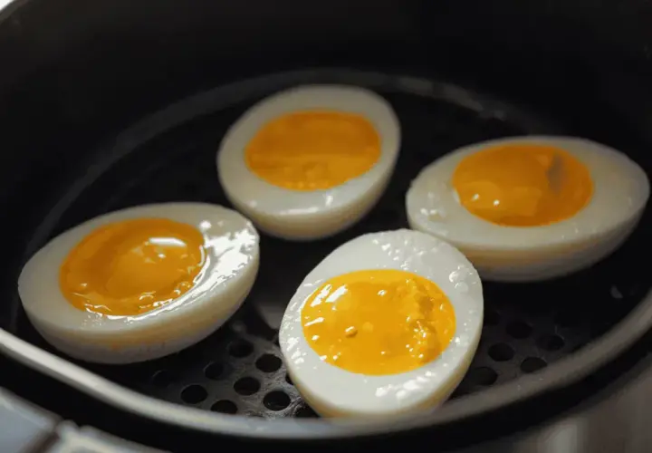 Quatre moitiés d'oeuf dur, avec un jaune coulant, sont disposées dans un airfryer.