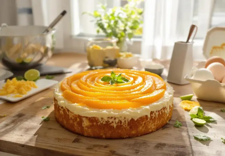 Un délicieux gâteau sans farine, orné de fines tranches de pêche disposées en spirale et d'une touche de menthe fraîche.