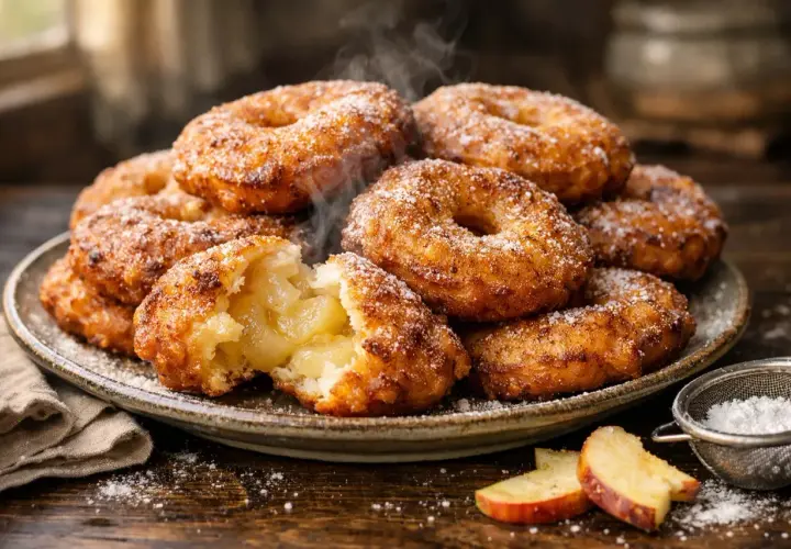 Délicieux beignets aux pommes à lancienne, saupoudrés de sucre glace, avec un cœur fondant.