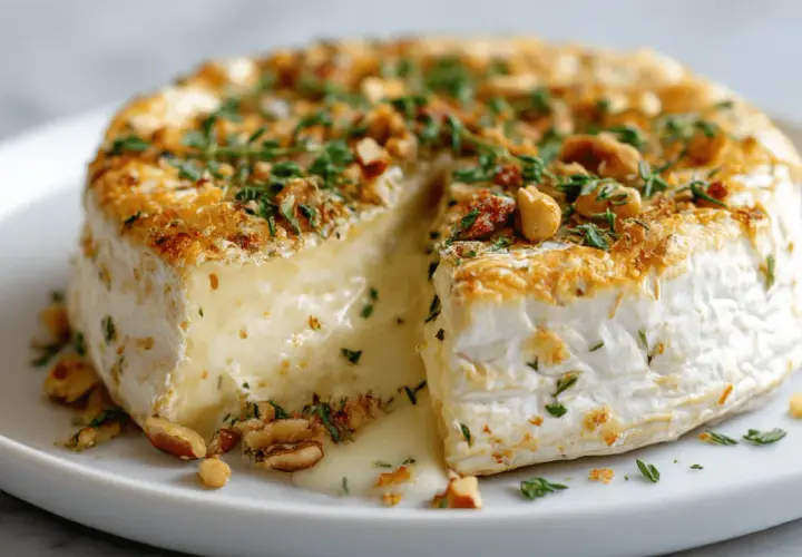 Camembert fondant, doré et garni de noix et persil, tout juste sorti de l'air fryer. Un délice coulant !