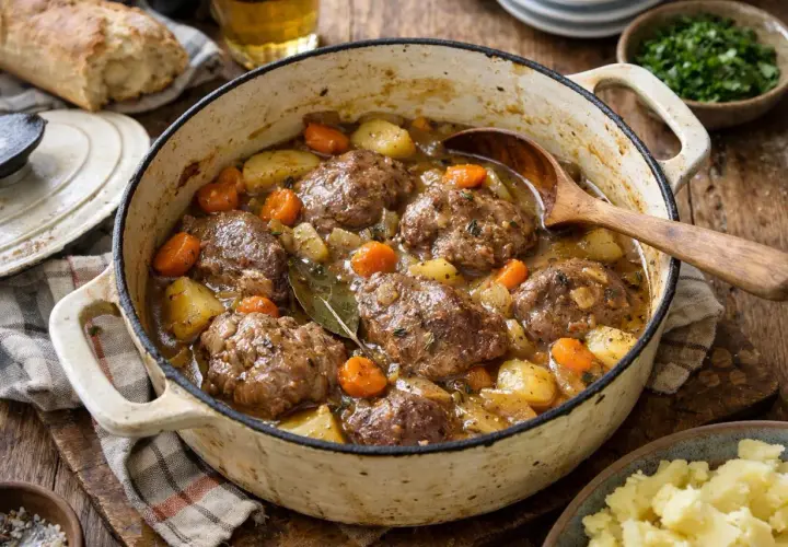 Un plat mijoté de joue de porc au cidre, avec pommes de terre et carottes, servi dans une cocotte en fonte.