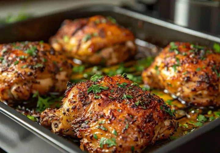 Cuisses de poulet dorées et croustillantes, parsemées de persil frais. Une recette air fryer facile et savoureuse.