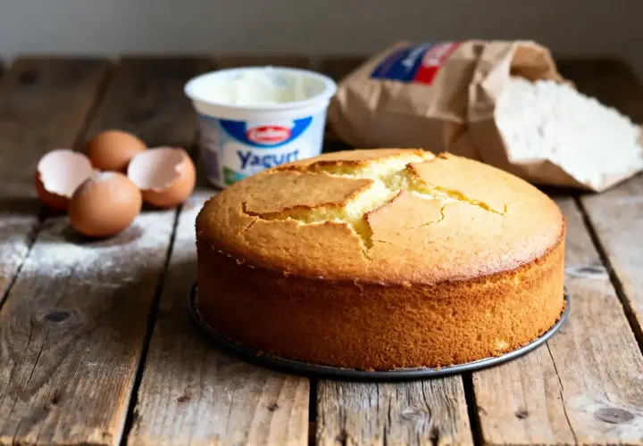 Gâteau doré sur fond de bois, avec des œufs, du yaourt et de la farine. Idéal pour une recette gâteau facile et rapide.