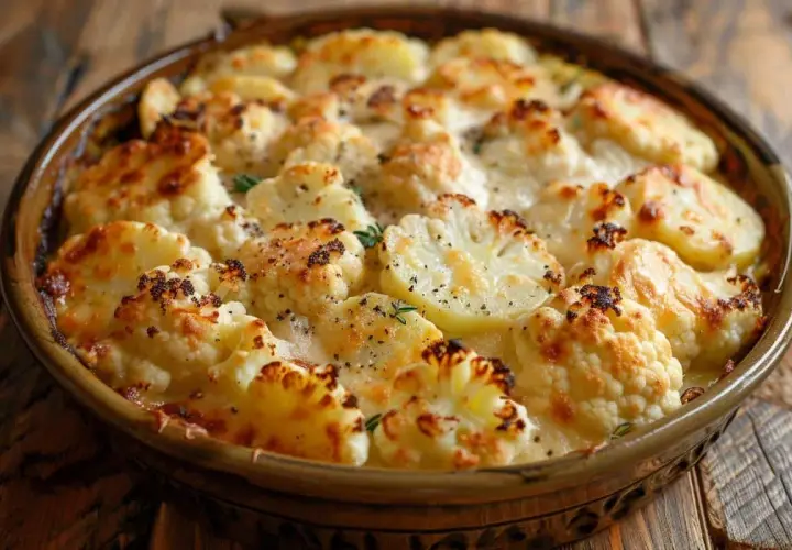 Un délicieux gratin chou fleur pomme de terre, doré et gratiné, prêt à être dégusté.