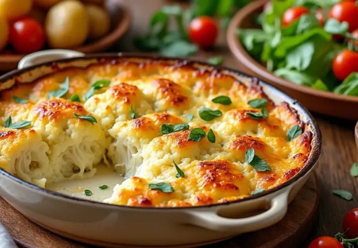 Un gratin de chou-fleur doré et crémeux, garni de feuilles vertes fraîches, prêt à être dégusté.