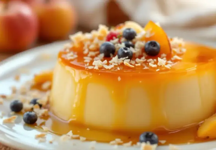 Un délicieux flan coco, nappé de caramel et garni de fruits frais et de copeaux de noix de coco. Une invitation à la gourmandise pour une recette facile.