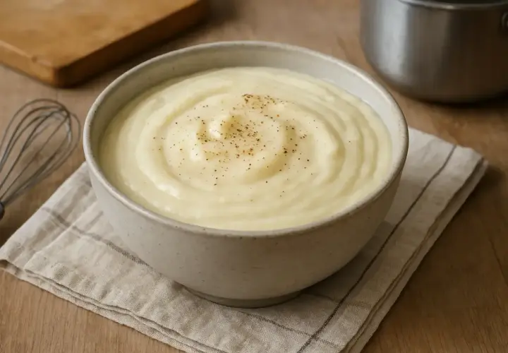 Un bol de béchamel sans beurre, onctueuse et saupoudrée de poivre, prête à être utilisée.