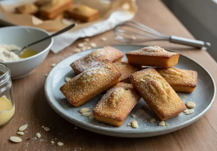Financiers dorés, parfaits pour une recette financier amande. Saupoudrés de sucre glace et d'amandes effilées, ils invitent à la gourmandise.
