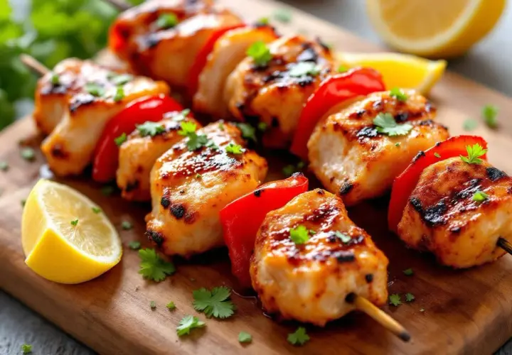 Brochettes de poulet grillées, marinées et garnies de poivrons rouges, sur une planche en bois avec des quartiers de citron.