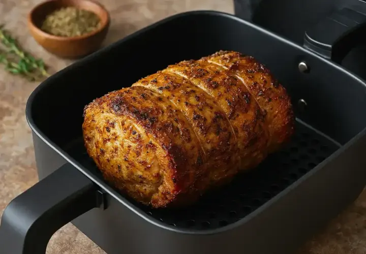 Roti de porc doré et juteux, tout juste sorti de l'air fryer. Assaisonné d'herbes, il est prêt à être dégusté.
