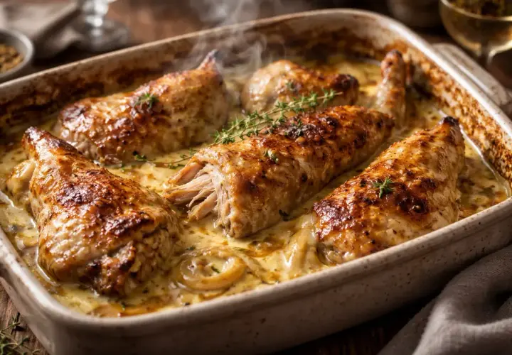 Un plat de lapin au four, doré et fumant, baignant dans une sauce crémeuse. Les herbes fraîches ajoutent une touche de couleur.