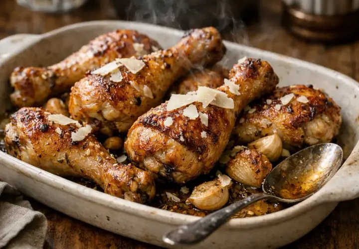 Délicieux pilons de poulet rôtis, parsemés de copeaux de parmesan et accompagnés d'ail confit, fumant dans un plat.