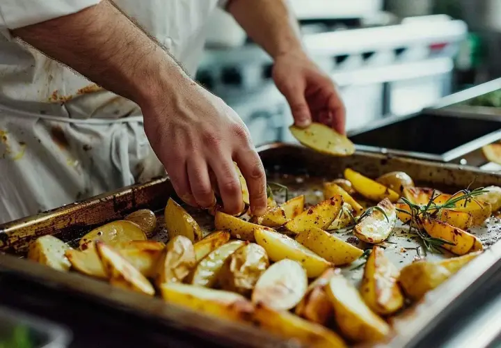Un chef dispose des quartiers de pomme de terre sauté sur une plaque de cuisson, agrémentés de romarin et d'épices.