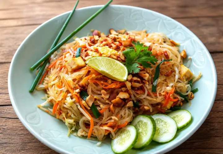 Délicieux Pad Thaï, une recette pleine de saveurs avec nouilles de riz, crevettes, cacahuètes et citron vert.