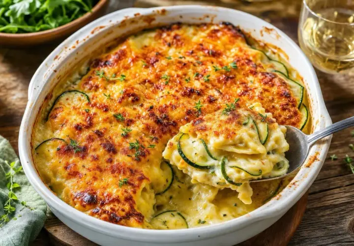 Un gratin de ravioles aux courgettes, doré et gratiné, avec une sauce crémeuse et des herbes fraîches. Un délice réconfortant.
