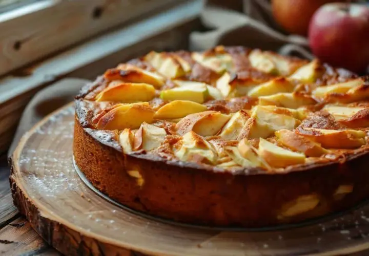 Gâteau yaourt pomme doré, garni de quartiers de pommes caramélisés, saupoudré de sucre glace. Un délice maison.