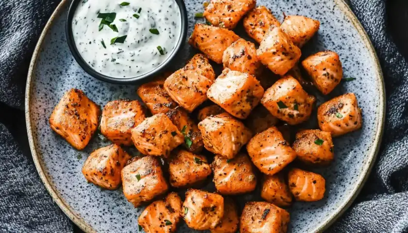 Délicieux saumon air fryer, croustillant à l'extérieur, tendre à l'intérieur, servi avec une sauce crémeuse aux herbes.