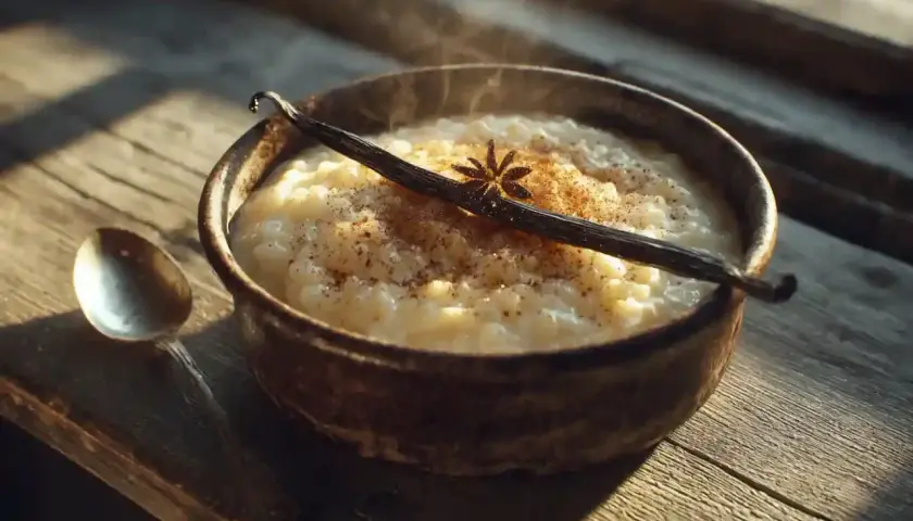 Un bol de riz au lait fumant, garni d'une gousse de vanille et d'une étoile de badiane, sur une table en bois.