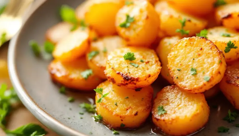 Assiette de pommes de terre sautées dorées et garnies de persil frais. Un délice croustillant et savoureux.