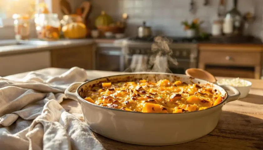 Un gratin de courge fumant sort du four, prêt à être dégusté. La lumière du soleil illumine la cuisine chaleureuse.