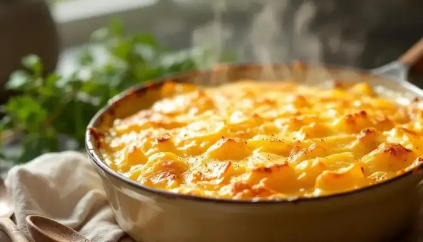 Un plat fumant de gratin dauphinois, doré et crémeux, prêt à être dégusté.