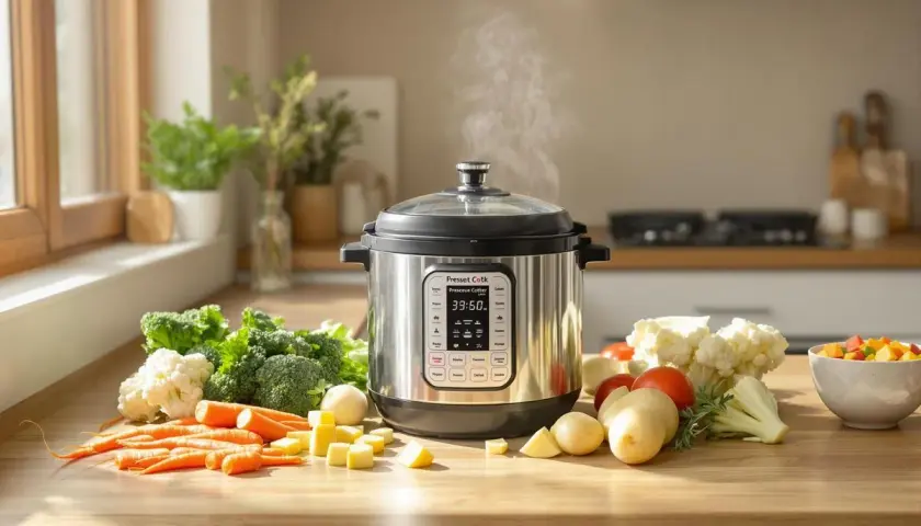 Légumes frais prêts pour la cuisson à la cocotte minute. Le temps de cuisson des légumes à la cocotte minute est affiché : 39:50.