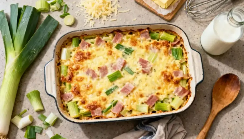 Un délicieux gratin de poireaux, garni de lardons et gratiné au fromage, prêt à être dégusté.