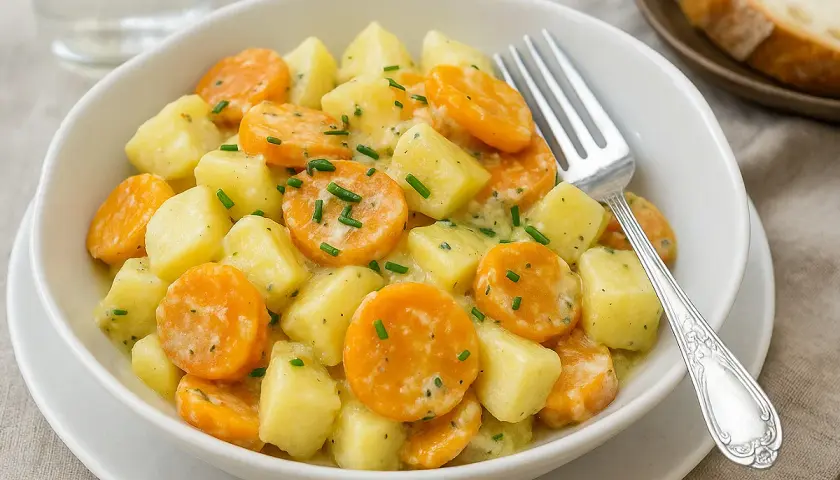 Carottes Vichy et pommes de terre crémeuses, parsemées de ciboulette. Un plat simple et savoureux, parfait pour le Cookeo.