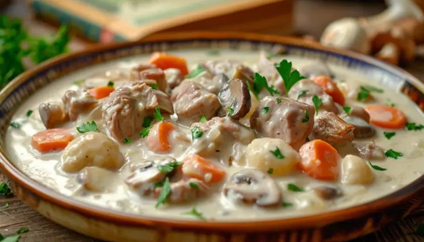 Blanquette de veau onctueuse, parsemée de carottes, champignons et persil. Un plat réconfortant préparé au Cookeo.