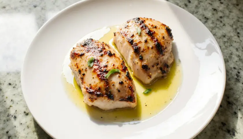 Deux morceaux de blanc de poulet airfryer, dorés et juteux, servis sur une assiette blanche avec un filet d'huile et quelques herbes.