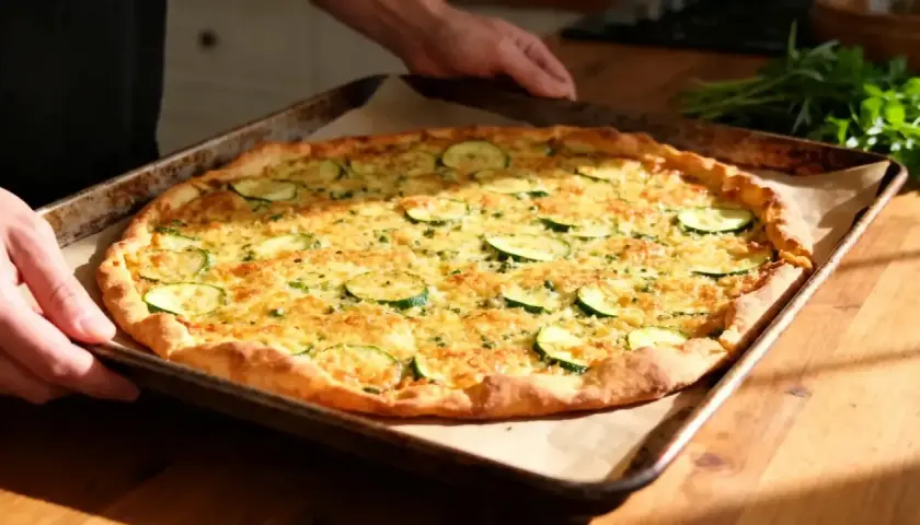 Une galette de courgette dorée et appétissante, garnie de fines rondelles de courgettes et de fromage râpé, sort du four.