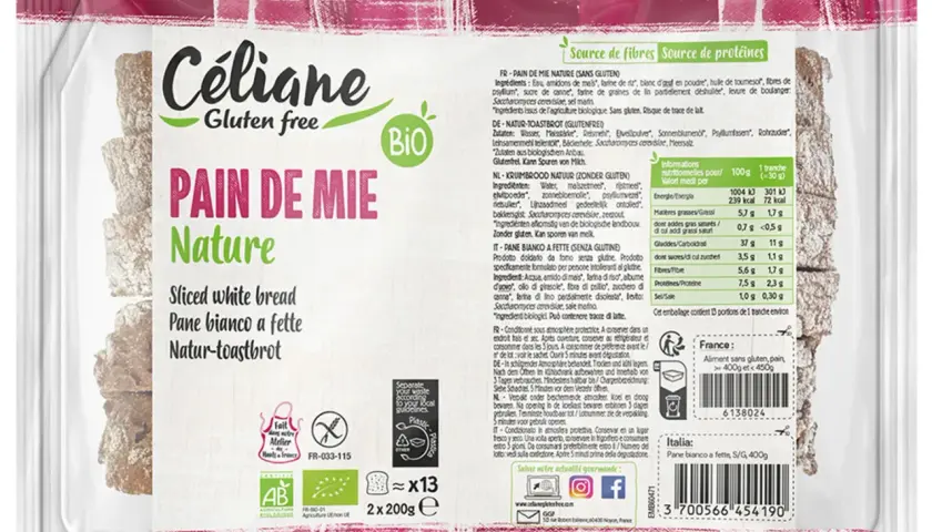 Pain de mie nature sans gluten, idéal pour un petit-déjeuner ou un en-cas sain. Ce pain sans gluten est aussi bio.
