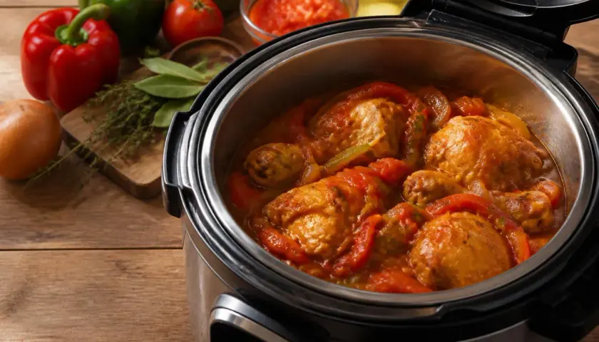Poulet basquaise mijoté dans un Cookeo, avec poivrons, tomates et oignons. Un plat savoureux prêt à être dégusté.
