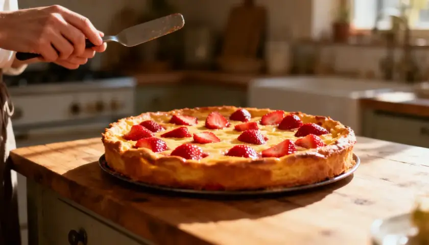 Un délicieux clafoutis aux fraises, doré et garni de fruits rouges, prêt à être servi.