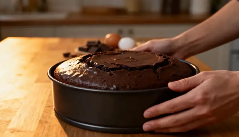 Un gâteau au chocolat tout juste sorti du moule, prêt pour une recette facile. Des ingrédients comme des œufs et du chocolat sont visibles en arrière-plan.