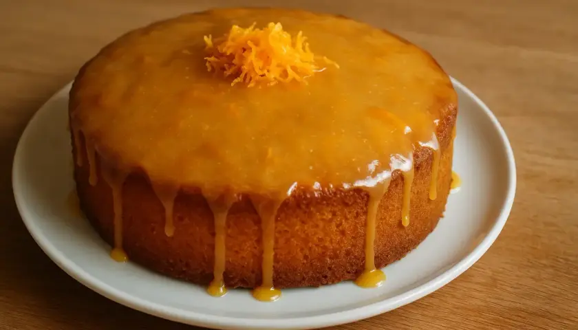 Un délicieux gâteau à l'orange, nappé d'un glaçage brillant et garni de zestes d'orange.