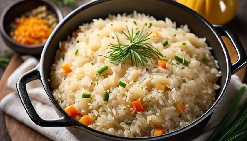 Un plat de riz pilaf aux carottes et oignons verts, garni d'une branche de romarin. Une recette simple et savoureuse.