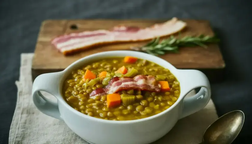 Un bol de soupe de lentilles réconfortante, garnie de lard croustillant et de dés de carottes. Une branche de romarin et du bacon cru sont disposés sur une planche à découper en arrière-plan.