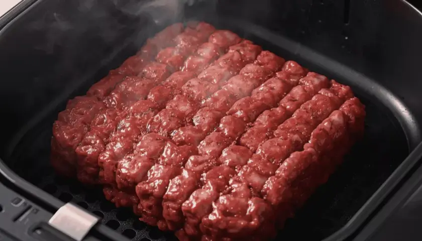 Un steak haché carré, assaisonné, cuit à la perfection dans un air fryer, dégageant une légère vapeur.