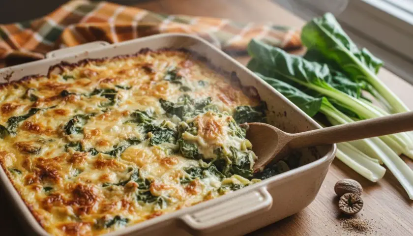 Un gratin de blettes fumant, doré et crémeux, servi à la cuillère en bois. Des blettes fraîches et des noix de muscade complètent ce plat réconfortant.