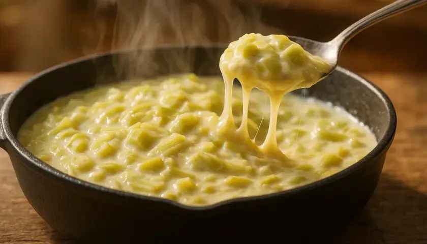 Une cuillère de fondue de poireaux crémeuse et fumante, prête à être dégustée. Une recette réconfortante.