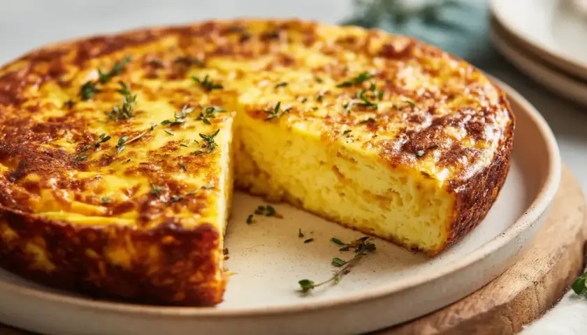 Une délicieuse quiche sans pâte dorée, garnie de thym frais, prête à être dégustée.