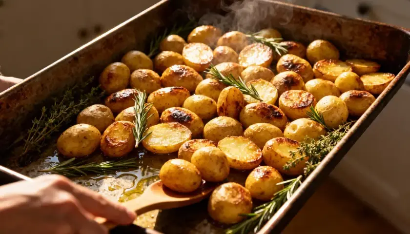 Pommes de terre grenaille au four, dorées et fumantes, parsemées de romarin et de thym. Un délice croustillant prêt à être dégusté.