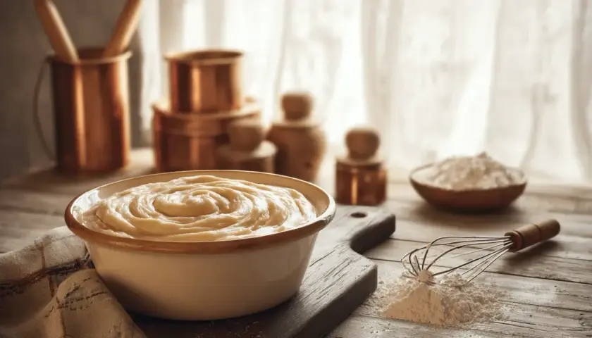 Un bol de pâte à beignet crémeuse, prêt à être cuisiné. Des ustensiles de cuisine en cuivre et de la farine sont visibles en arrière-plan.