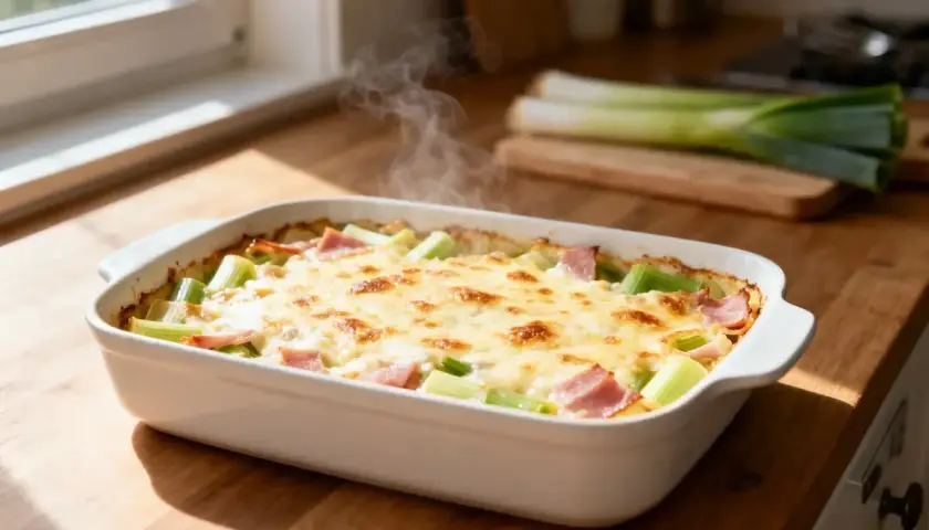 Gratin de poireaux au jambon, gratiné et fumant, prêt à être dégusté.