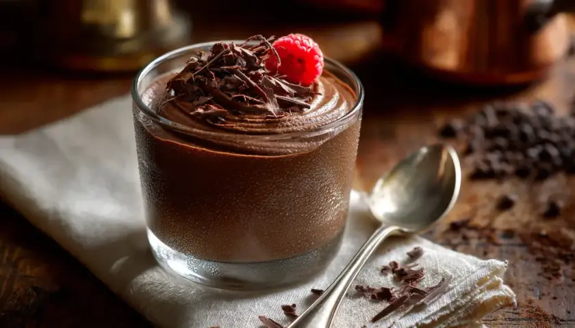 Délicieuse mousse au chocolat noir, garnie de copeaux de chocolat et d'une framboise fraîche. Un délice pour les amateurs de chocolat.