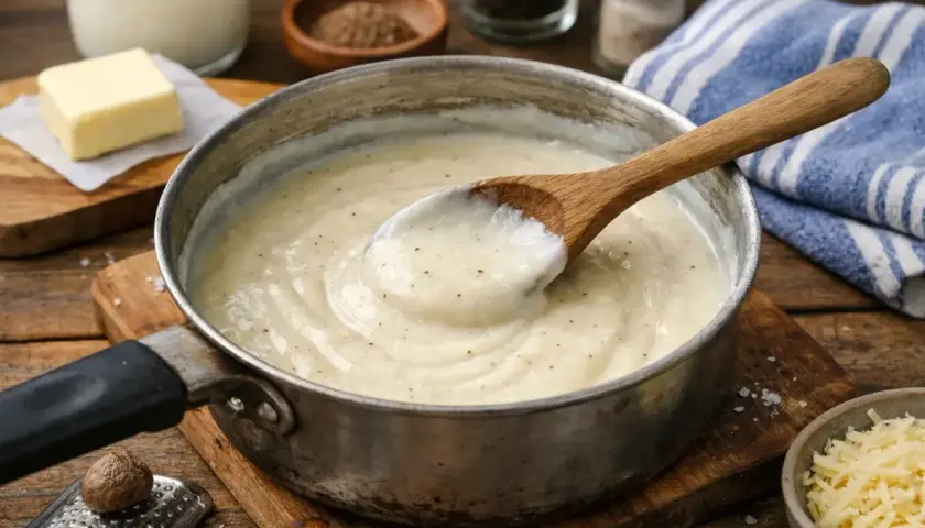 Une cuillère en bois remue une béchamel onctueuse dans une casserole. Parfait pour une recette béchamel rapide et savoureuse.