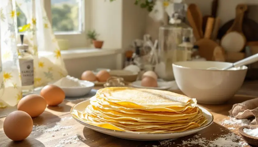 Pile de crêpes dorées saupoudrées de sucre, avec des œufs et de la farine sur une table en bois.