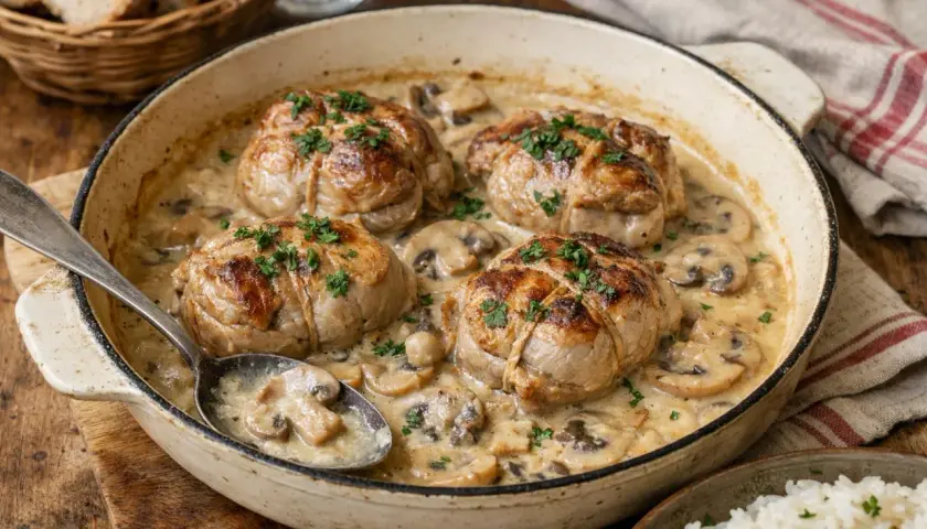 Quatre paupiettes de veau dorées, nappées d'une sauce crémeuse aux champignons, garnies de persil frais. Un plat réconfortant.