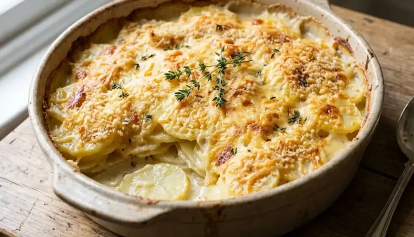 Un plat de gratin dauphinois facile, doré et crémeux, garni de thym frais, prêt à être dégusté.